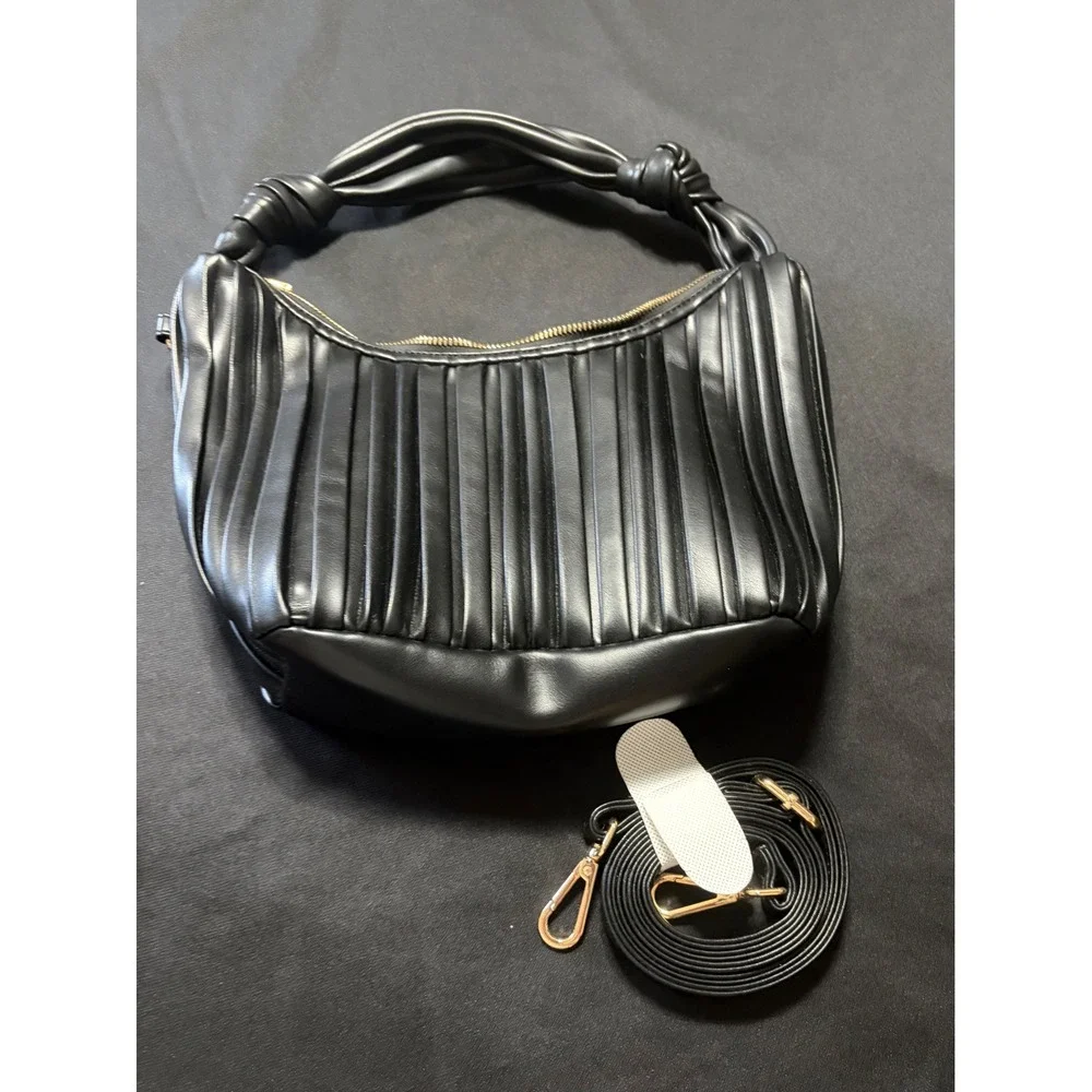 Urban Expressions Black Pleated Vegan Leather Hobo Bag Knotted Handle Crossbody